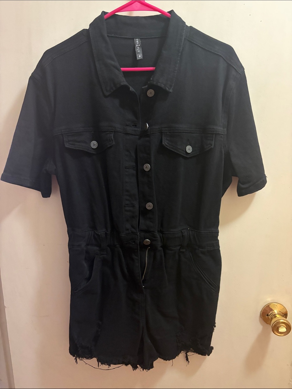 Black Short-Sleeve Denim Romper with Button Front